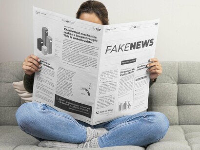A woman reading a paper titled “fake news,” capturing how false claims gain traction when trust is fragile