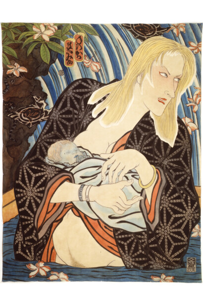 Masami Teraoka, AIDS Series/Mother and Child, 1990, watercolor on unstretched canvas; unique, 108x84 inches. Courtesy of Catharine Clark Gallery, San Francisco