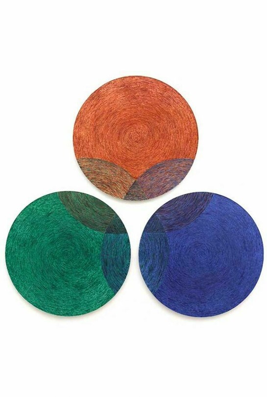 Wu Jian'an, Primary Colors, 2014, Hand-colored wax on wood, stainless steel, Set of 3, each with diameter of 150 cm, 7 cm thick