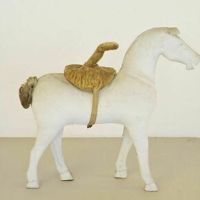 Birgit Jürgenssen, Untitled (Horse), 1974, Papier maché, hair, tulle, velvet cushion, 61 x 65 x 16 cm, 24 1/8 x 25 5/8 x 6 1/4 ins