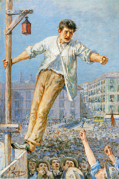 Emilio Longoni, L'oratore dello sciopero, olio su tela, 193 x 134 cm. Courtesy of Gallerie Maspes