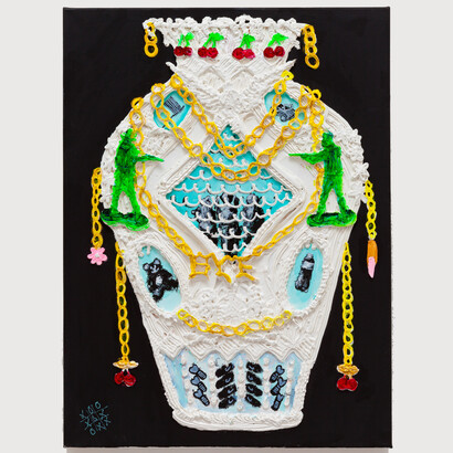 Yvette Mayorga, A Vase of the Century 2 (After Century Vase c. 1876), 2019, acrylic piping on canvas, 18x24 inches. Courtesy of Selenas Mountain