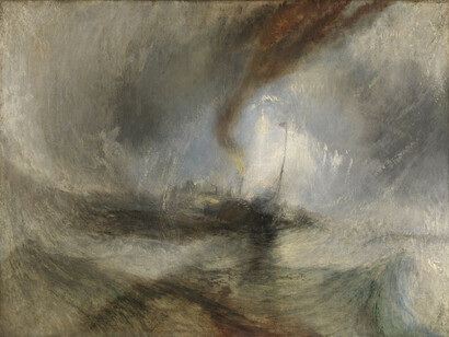 Joseph Mallord William Turner (British, 1775 - 1851). Title/Date: Snow Storm: Steam-Boat off a Harbour's Mouth, exhibited 1842. Culture: British. Medium: Oil on canvas. Dimensions: Unframed: 91.4 x 121.9 cm (36 x 48 in.). Framed: 123.3 x 153.5 x 14.5 cm (48 9/16 x 60 7/16 x 5 11/16 in.). Accession No. EX.2015.3.18. Object Credit: Tate: Accepted by the nation as part of the Turner Bequest 1856. Repro Credit: Photo © Tate, London 2014