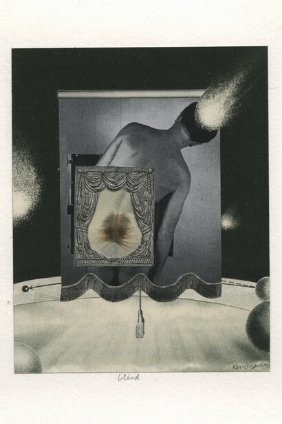 Ken Graves, Blind, 2005, Signed on print in pencil, Unique mixed media collage, 4.6 x 3.75 inch. Courtesy of Rosegallery