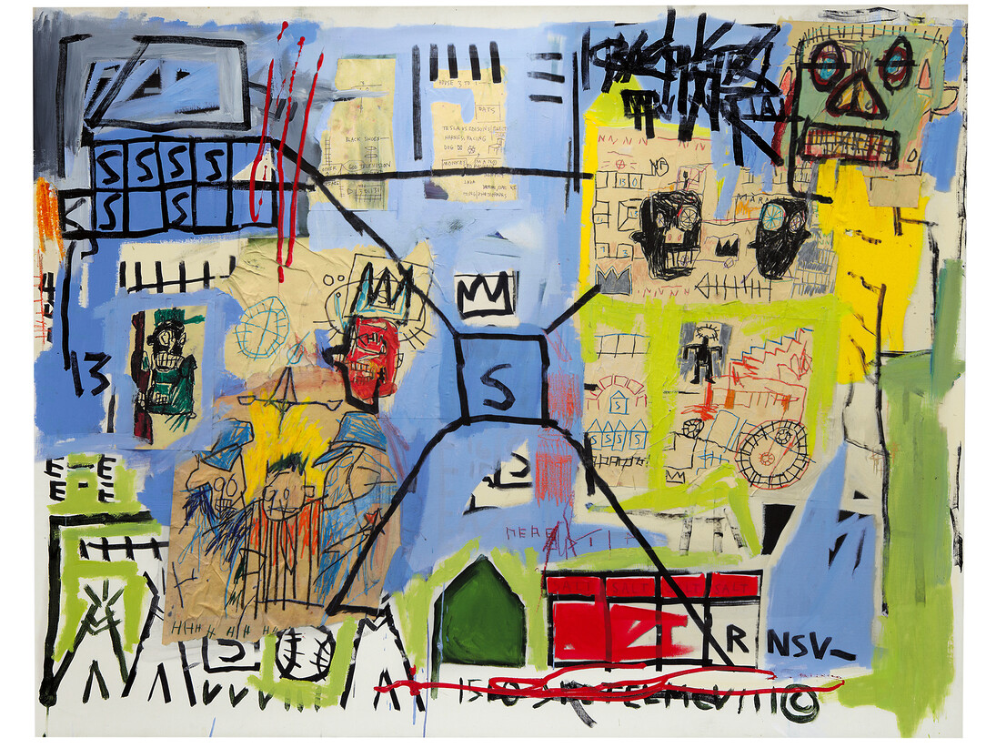 Jean-Michel Basquiat, Untitled, 1981, Acrylic, marker, paper collage, oil, paintstick, and crayon on canvas, 48 1/2 x 62 inches (123 x 157.5 cm), The Schorr Family Collection © The Estate of Jean-Michel Basquiat / ADAGP, Paris / ARS, New York 2014. Photo by Kent Pell