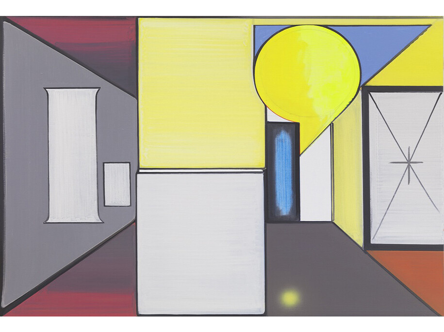 Thomas Scheibitz, Studio (Berlin), 2014, oil, vinyl, pigment marker on canvas, 49 1/5 x 67 inches; 125 x 170 cm. Courtesy the artist and Tanya Bonakdar Gallery, New York