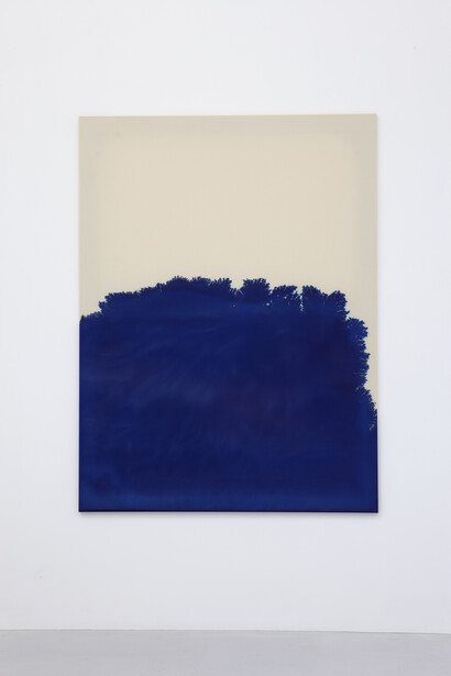 Latifa Echakhch (1974-), No grassland, no hill, nothing but a labyrinth of roots and barks more or less dry., 2014, «Phtalo» Ink on canvas, 200 x 150 cm, Signed, titled and dated on the back top of the canvas