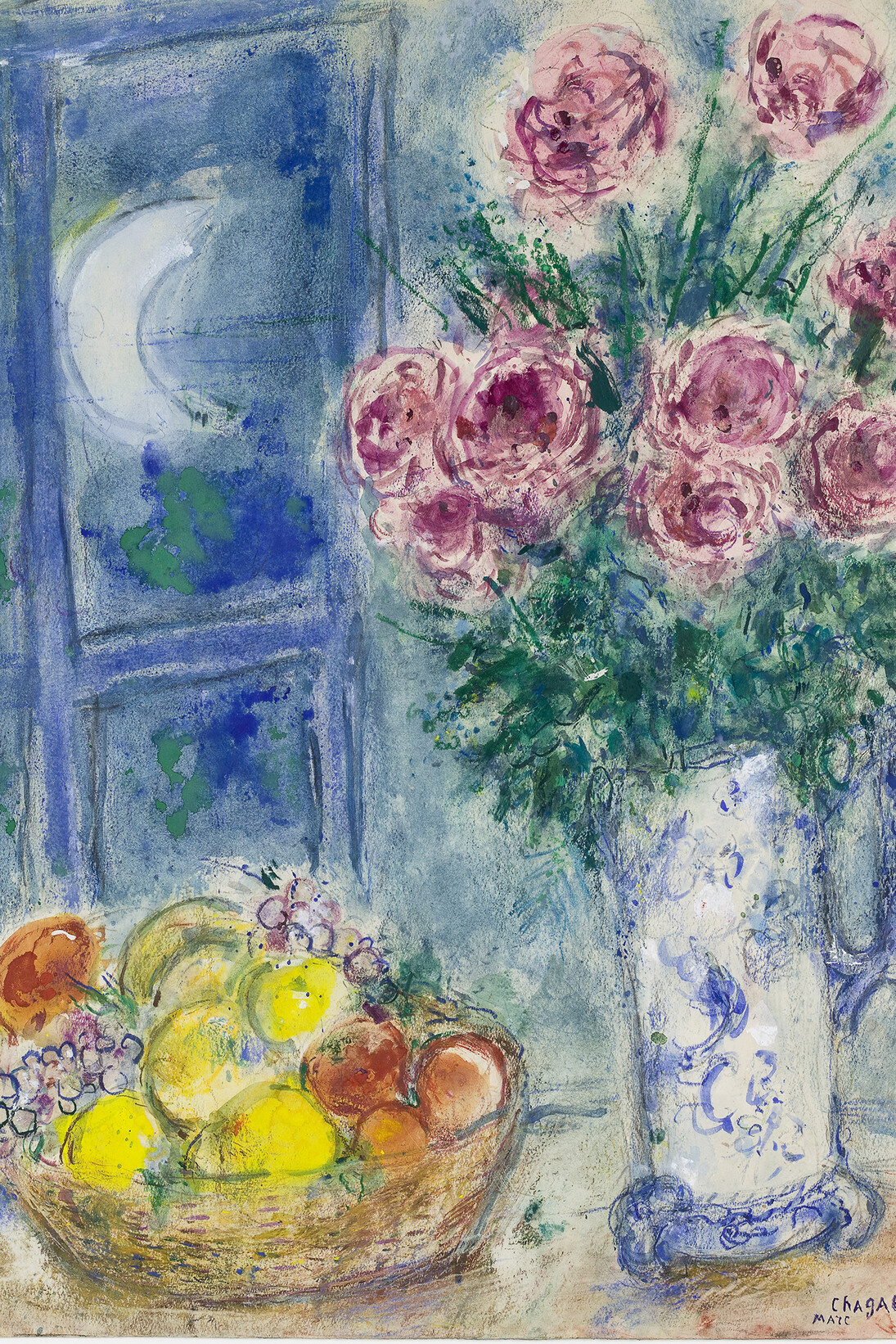 Marc Chagall, Untitled (Still life with fruit and flowers) – Gouache, watercolor, and wax crayons on paper, 1956/57,  70,8 x 54 cm, Gift from Victor e Anne-Marie Loeb, Bern, Switzerland, © Chagall ® by SIAE 2015