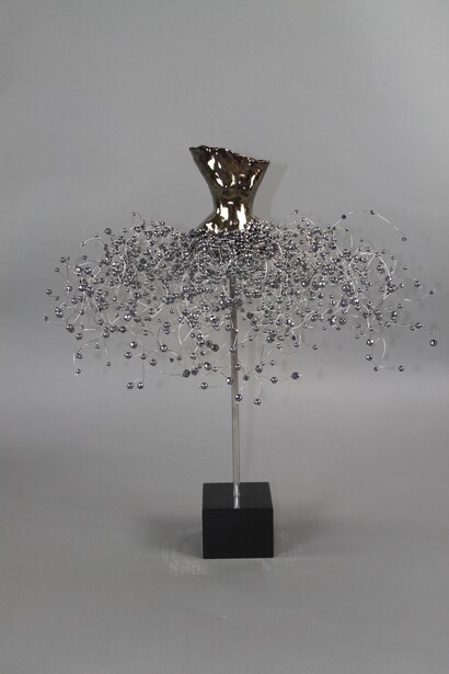 Estella Fransbergen, 2021, Clay High fired, embroidered, terahertz, stones on torso with shorti style terahertz stones, 24 x 19 x 19 in