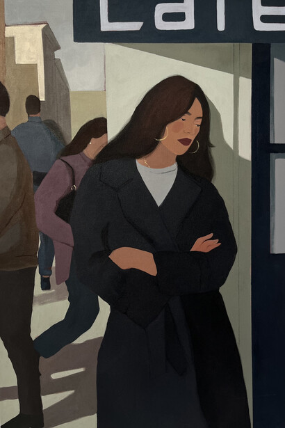 Jenya Datsko, Por la esquina, 2023. Acrylic on canvas, 146 x 97 cm. Courtesy of the artist and VLAB Gallery