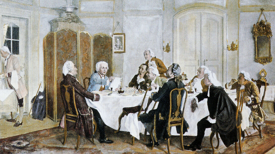 Kant con amigos, incluidos Christian Jakob Kraus, Johann Georg Hamann, Theodor Gottlieb von Hippel y Karl Gottfried Hagen