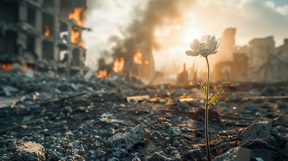 A single flower pushing through broken ground, reflecting hope in the aftermath of destruction