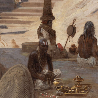 Ludwig Hans Fischer, A priest and two ascetics on the Ghats at Varanasi, India (detail), 1889. Courtesy of DAG