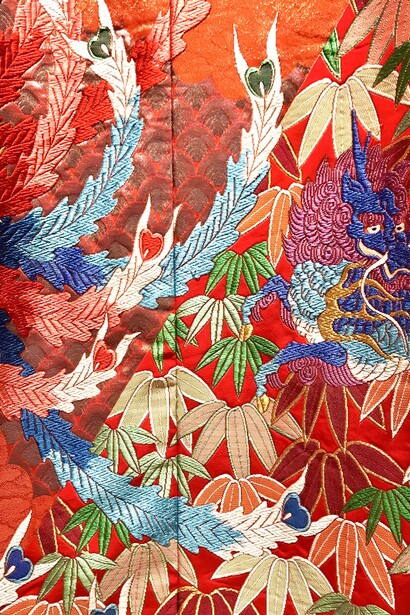 Detailed uchikake  with paulownia, bamboo, phoenixes and qilin creatures based on royal crest of Emperor Saga © Alma Reyes