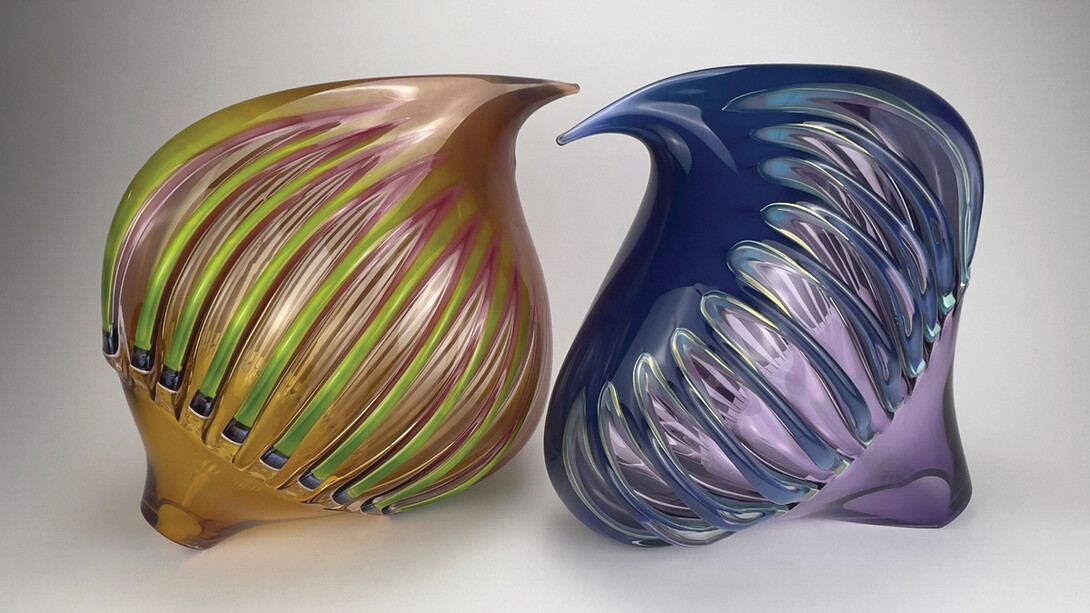 Richard Royal, “Lovebirds” blown glass, approx: 17x18x12 in each. Courtesy of the artist and Patricia Rovzar Gallery