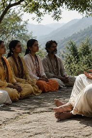 A guru instructing his disciples in a serene mountainous setting