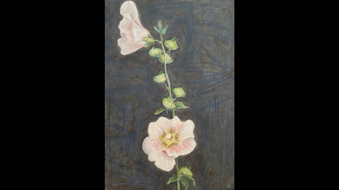 Nick Blosser, Hollyhocks, 2021, watercolor on paper, 7x5 inches (14 1/2x12 inches framed). Courtesy the artist and PDX Contemporary Art