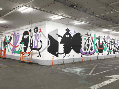 Various artists, Downtown. Illustrations at the Golda Parking Garage, exhibition view. Courtesy of Tel Aviv Museum of Art