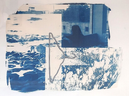 Rose Briccetti, A sketch of A coat hanger from a magazine article about abortion on a cyanotype made from negatives left in the printshop by my students that I had to clean up which pissed me right off, 2024. Courtesy of Freight and Volume Gallery