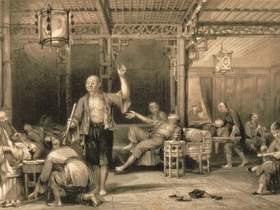 Thomas Allom, Chinesische Opiumraucher, aus China in a Series of View, von George Newenham Wright, 1843. Stich. Privatsammlung.
