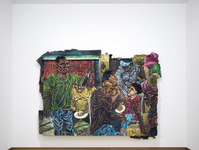 Raquel van Haver, Reason for Being, 2018. Oil on burlap, homemade paint, cardboard, tar, charcoal, chalk, gel, resin, hair, posters, paper, plastic, beads. Courtesy the artist. Photo: Gert Jan van Rooij