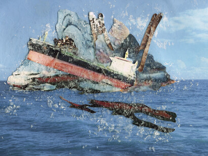Gayle Chong Kwan, Crysanthi South Africa 2019, series Oil Spill Islands, collage, 2021. Courtesy of Galleria Alberta Pane