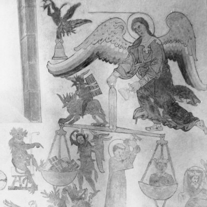Affresco sulla parete nord: l'imperatore Enrico sulla bilancia, XIV secolo. Chiesa di Vamlingbo, Svezia