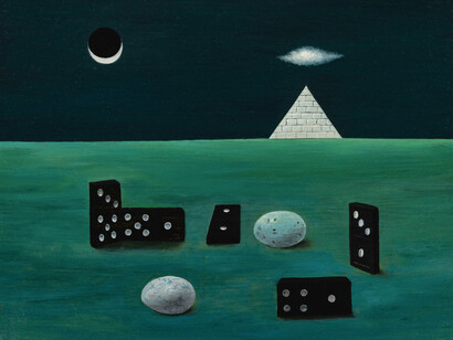 Gertrude Abercrombie, Birds eggs and dominoes with pyramid, 1963. Courtesy of Colby College Museum of Art