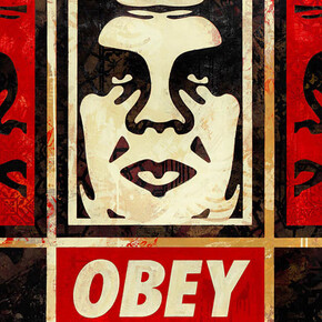 Shepard Fairey, 3 face horizontal (Red/yellow), 2024. Courtesy of Harman Projects