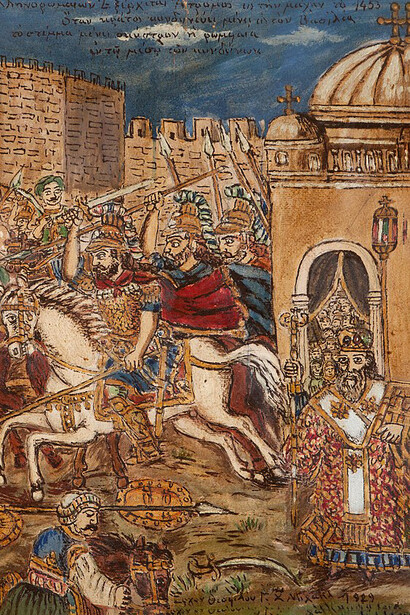 Constantino Paleologo, di Theophilos Hatzimihail, (1929). Costantino XI Paleologo, imperatore dell'Impero Romano d'Oriente, entra impavido nella battaglia il 29 maggio 1453