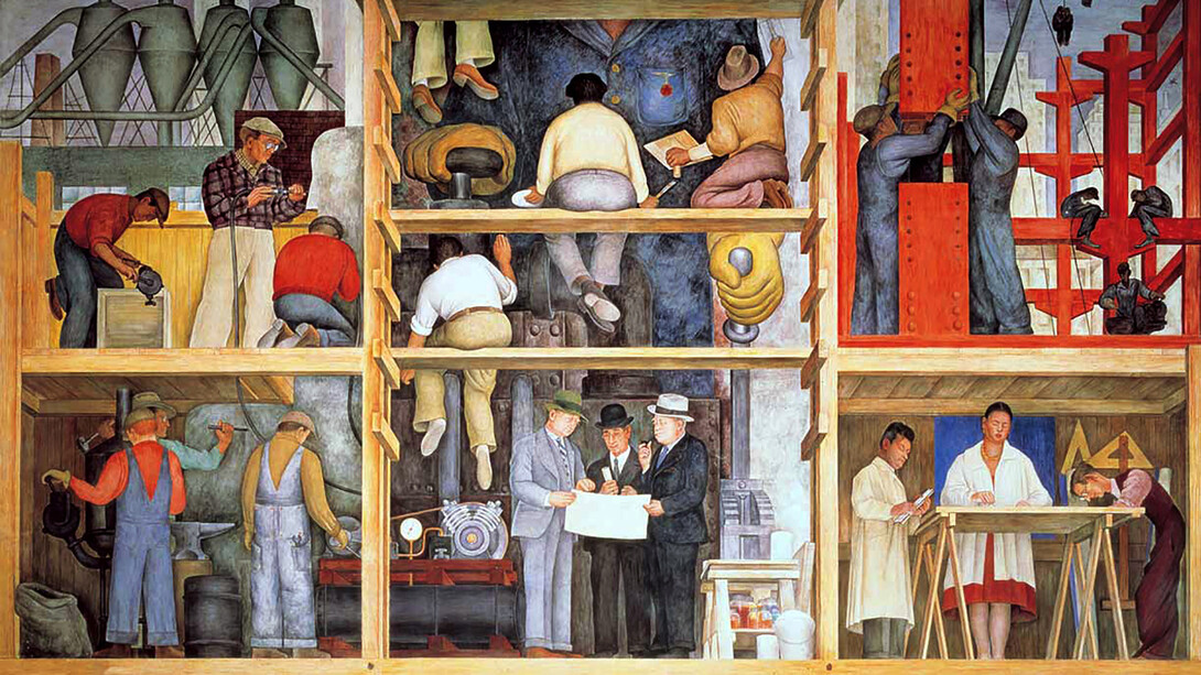 Diego Rivera, Realizando un fresco, mostrando la construcción de una ciudad (detalle)