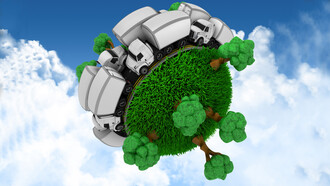 Explore the concept of eco-friendly travel with a 3D grassy globe adorned with trucks and trees, illustrating a sustainable transportation landscape in this visually compelling image