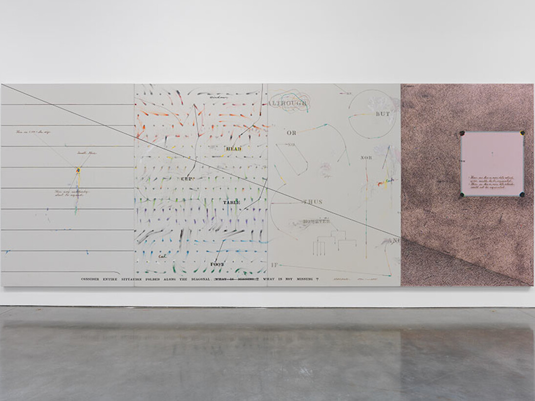 Arakawa, That Is Not Missing, 1970–71, Acrylic, pencil, art marker on canvas, 97 × 260 inches (246.4 × 660.4 cm) © 2017 Estate of Madeline Gins. Reproduced with permission of the Estate of Madeline Gins. Photo by Rob McKeever