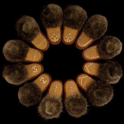 Jean Marshall, “Ring of Fire 1” (2015); Porcupine quills, home tanned deer hide, commercial tanned elk hide, beaver fur; Dimensions variable. Image courtesy of the artist