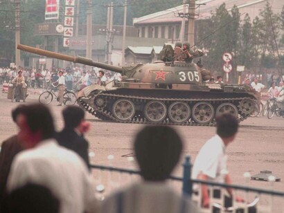 Chinese tanks rolling into Tiananmen Square, Beijing, China