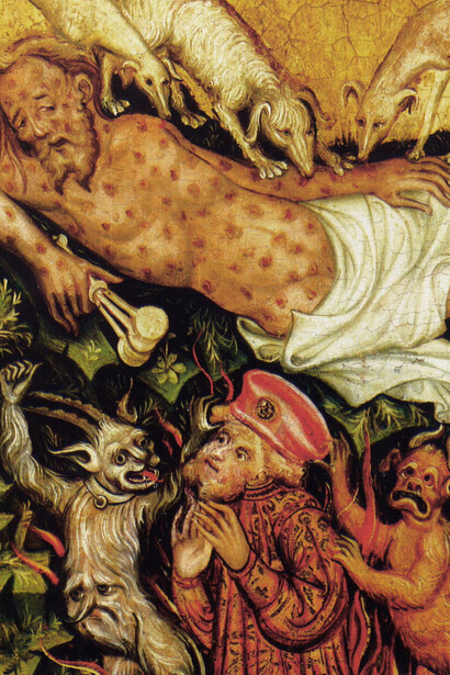 La curación de Lázaro, basada en la parábola de Lázaro y el hombre rico. Pintura del siglo XV, por Konrad Von Soest, pintor alemán (1370-1422)