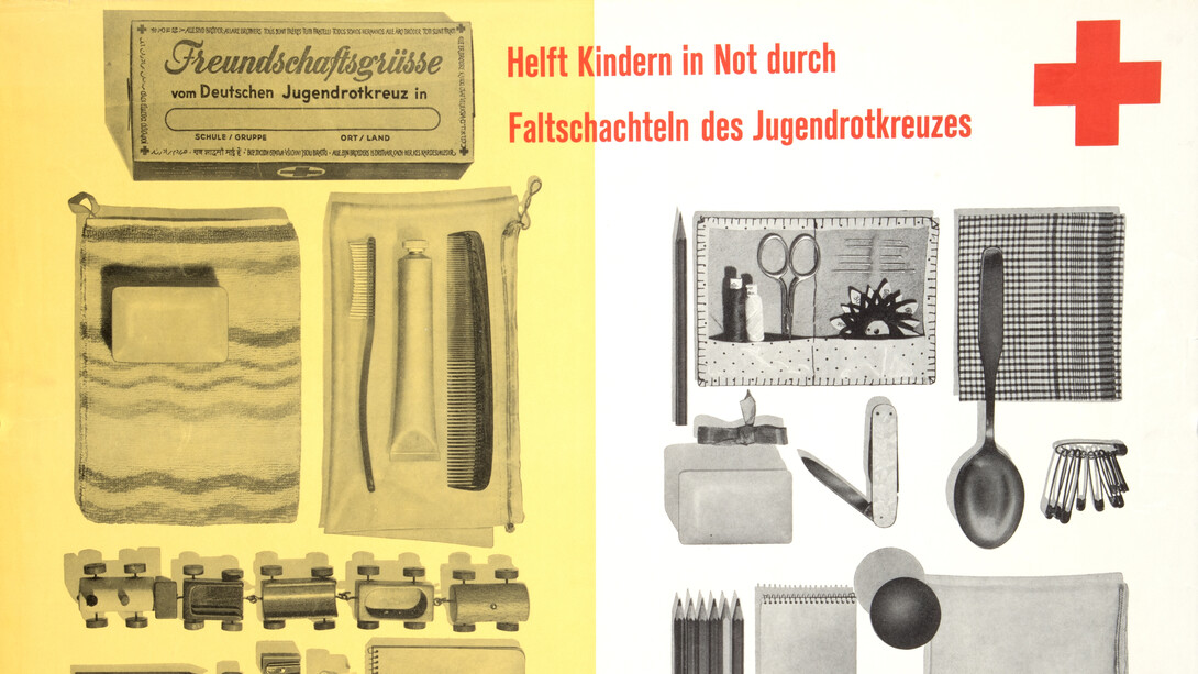 Unknown, Help children in need through the Youth Red Cross’s cardboard boxes, Switzerland (detail), 1965. Courtesy of Musée International de la Croix-Rouge et du Croissant-Rouge