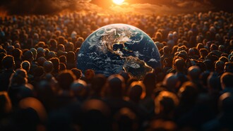A colourful world that is surrounded by masses not paying attention to it, showing the fractured reality of our world, one with chances for increased instability