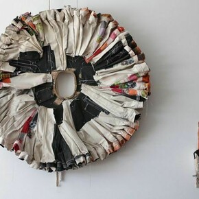 Greg Smith, Ruff, 2013, Canvas, fabric, gesso, graphite, hardware, thread, spray paint, wood, 72 x 10 in. Courtesy: Susan Inglett Gallery, NYC.