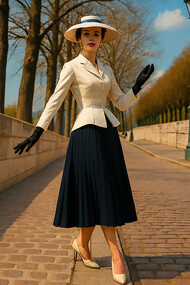 A model showcasing Dior’s iconic New Look from 1947, symbolizing post-war elegance and the rebirth of feminine style