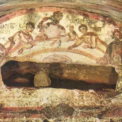 Affresco di un agape, catacomba paleocristiana dei Santi Pietro e Marcellino, Roma, Italia