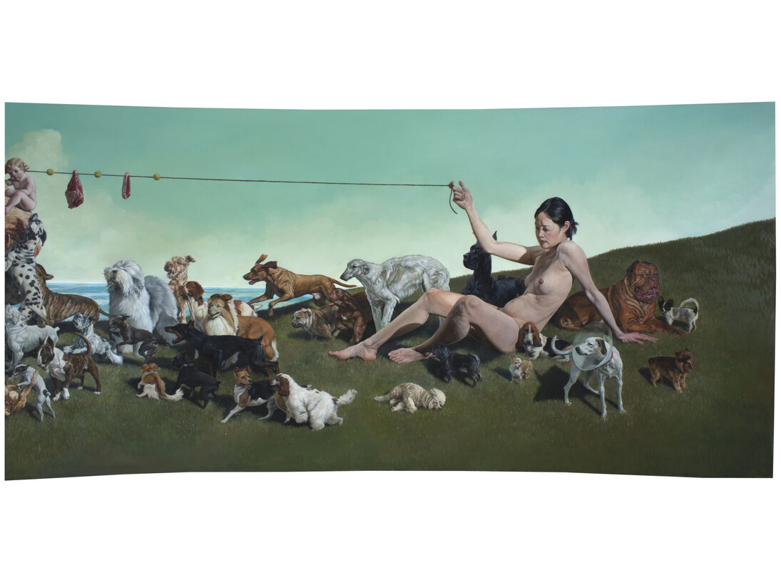 Erik Thor Sandberg, In the Valley (detail), 2015, oil on curved panel, 30 x 116 inches.