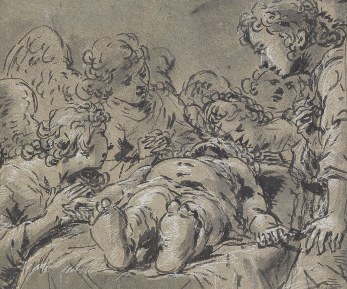 Leonard Bramer, Dead Christ with Angels (a&b), 1614-1627, brush and black ink and grey wash on brown laid paper,6 1/2 in. x 8 1/4 in. (16.5 cm. x 20.9 cm.), Bequest of the Honorable James Bowdoin III. Courtesy of Bowdoin College Museum of Art, Brunswick, Maine