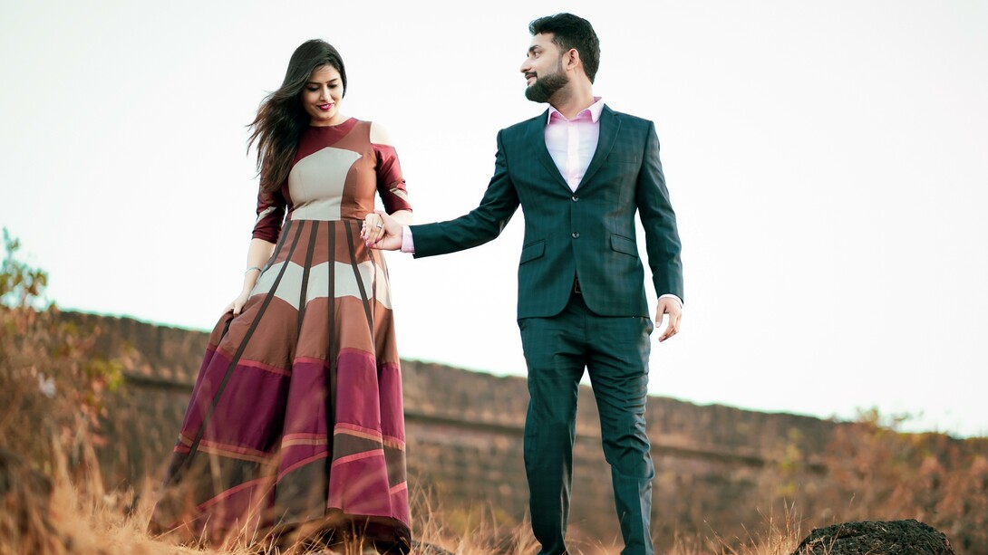 A couple in love, walking in the nature