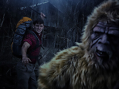 Captivating scene of a camper being pursued by Bigfoot through the forest