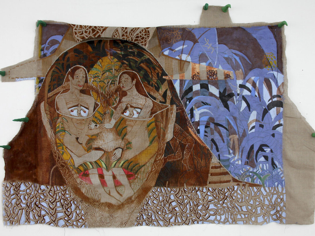 Marlene Steyn, Twin face suit (The palmtree version), 2013, Ink, acrylic, oil and plasticene on unstretched linen, 150 x 219 cm