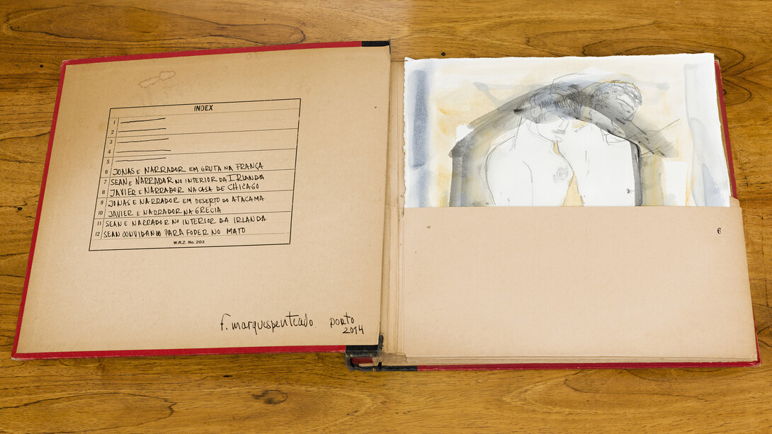 f.marquespenteado, Monotipias para 3 novelas, 2014, Long play case, 7 gouaches on paper, Edition: N/A, 63 x 61,5 cm. Cortesia de Mendes Wood DM , São Paulo