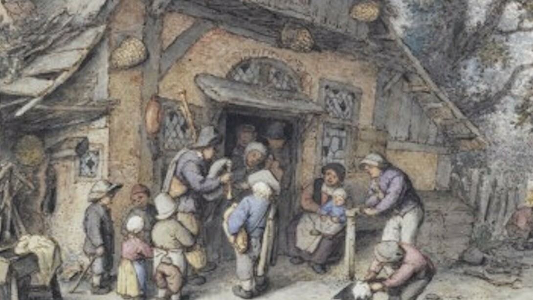 Adriaen van Ostade, Joueur de cornemuse devant une auberge . Plume et encre brune, aquarelle. 12,2 x 19,7 cm. Paris, Petit Palais, Musée des Beaux-Arts de la Ville de Paris © Petit Palais / Roger-Viollet