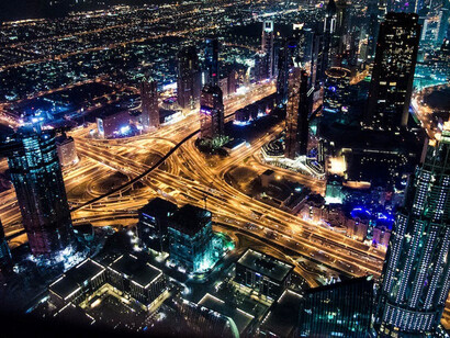 Behold the captivating evening scene of Dubai, United Arab Emirates