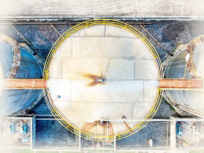 A close-up aerial view of a steam turbine power plant in Banten, Indonesia